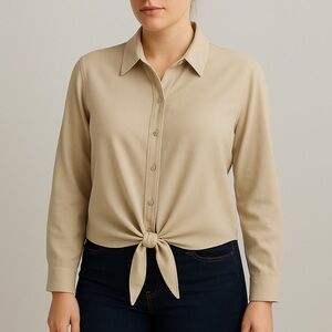 Express Women’s Button Down Tie Front Shirt Blouse Beige XL Long Sleeve Casual